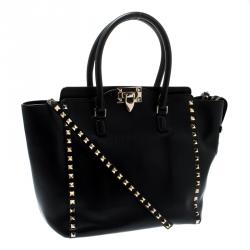 Pre Owned Valentino Black Leather Rockstud Trapeze Double Handle Bag