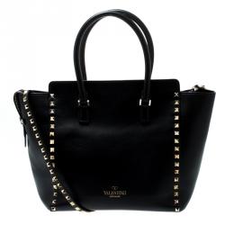Pre Owned Valentino Black Leather Rockstud Trapeze Double Handle Bag