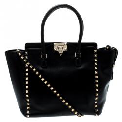 Pre Owned Valentino Black Leather Rockstud Trapeze Double Handle Bag