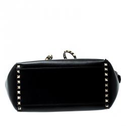 Pre Owned Valentino Black Leather Rockstud Trapeze Double Handle Bag
