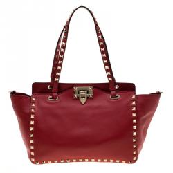 Pre Owned Valentino Rosso V. Leather Small Rockstud Trapeze Tote