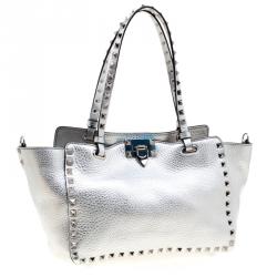 Pre Owned Valentino Silver Leather Small Rockstud Trapeze Tote