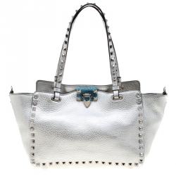 Pre Owned Valentino Silver Leather Small Rockstud Trapeze Tote