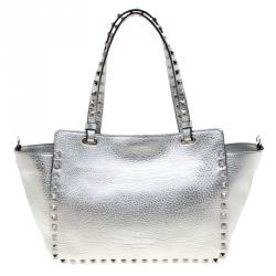 Pre Owned Valentino Silver Leather Small Rockstud Trapeze Tote