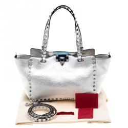 Pre Owned Valentino Silver Leather Small Rockstud Trapeze Tote