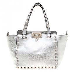Pre Owned Valentino Silver Leather Mini Rockstud Trapeze Tote