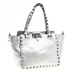 Pre Owned Valentino Silver Leather Mini Rockstud Trapeze Tote