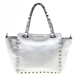 Pre Owned Valentino Silver Leather Mini Rockstud Trapeze Tote