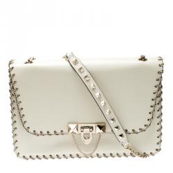 Pre Owned Valentino Light Ivory Soft Leather Small Demilune Shoulder Bag