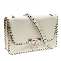 Pre Owned Valentino Light Ivory Soft Leather Small Demilune Shoulder Bag