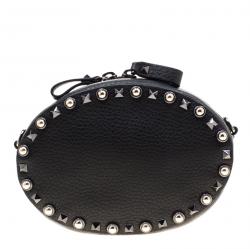 Pre Owned Valentino Black Leather Embroidered Guitar Rockstud Rolling Crossbody Bag