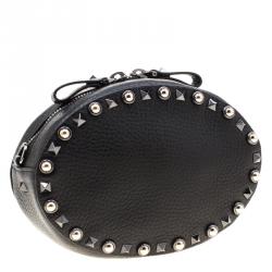 Pre Owned Valentino Black Leather Embroidered Guitar Rockstud Rolling Crossbody Bag