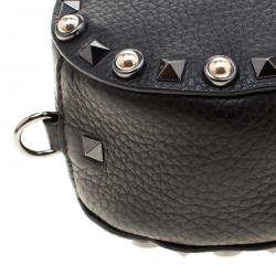 Pre Owned Valentino Black Leather Embroidered Guitar Rockstud Rolling Crossbody Bag