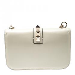 Pre Owned Valentino Light Ivory Leather Glam Lock Chain Shoulder Bag