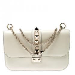 Pre Owned Valentino Light Ivory Leather Glam Lock Chain Shoulder Bag