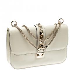 Pre Owned Valentino Light Ivory Leather Glam Lock Chain Shoulder Bag
