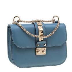 Pre Owned Valentino Grey Sky Leather Small Glam Lock Chain Shoulder Bag