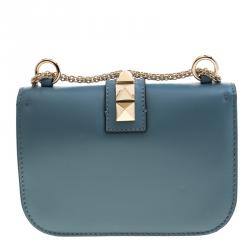 Pre Owned Valentino Grey Sky Leather Small Glam Lock Chain Shoulder Bag