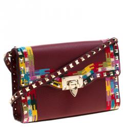 Pre Owned Valentino Al Campione/Rubino Leather Colour Embroidered Rockstud Shoulder Bag