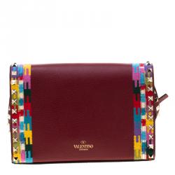 Pre Owned Valentino Al Campione/Rubino Leather Colour Embroidered Rockstud Shoulder Bag