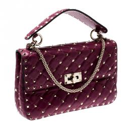 Pre Owned Valentino Camelia Metallic Quilted Soft Leather Medium Rockstud Spike Chain Shoulder Bag