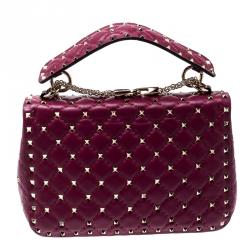 Pre Owned Valentino Camelia Metallic Quilted Soft Leather Medium Rockstud Spike Chain Shoulder Bag