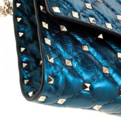 Pre Owned Valentino Peacock Metallic Quilted Soft Leather Rockstud Spike Chain Clutch Bag