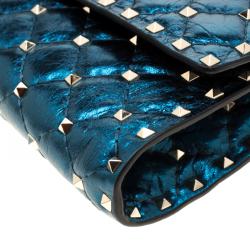 Pre Owned Valentino Peacock Metallic Quilted Soft Leather Rockstud Spike Chain Clutch Bag