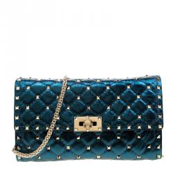 Pre Owned Valentino Peacock Metallic Quilted Soft Leather Rockstud Spike Chain Clutch Bag
