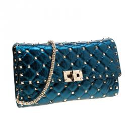 Pre Owned Valentino Peacock Metallic Quilted Soft Leather Rockstud Spike Chain Clutch Bag
