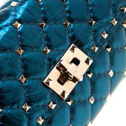 Pre Owned Valentino Peacock Metallic Quilted Soft Leather Rockstud Spike Chain Clutch Bag