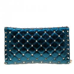 Pre Owned Valentino Peacock Metallic Quilted Soft Leather Rockstud Spike Chain Clutch Bag