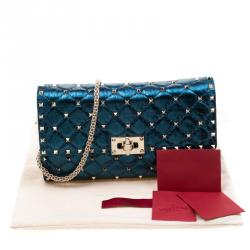 Pre Owned Valentino Peacock Metallic Quilted Soft Leather Rockstud Spike Chain Clutch Bag