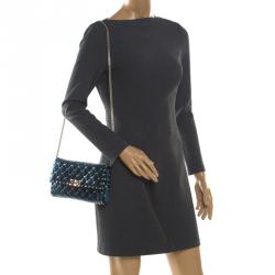 Pre Owned Valentino Peacock Metallic Quilted Soft Leather Rockstud Spike Chain Clutch Bag