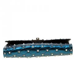 Pre Owned Valentino Peacock Metallic Quilted Soft Leather Rockstud Spike Chain Clutch Bag