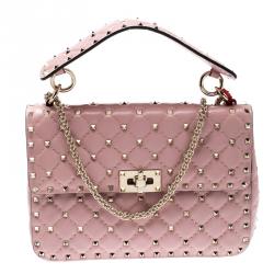 Pre Owned Valentino Loto Quilted Soft Leather Medium Rockstud Spike Chain Shoulder Bag