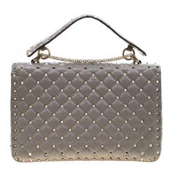 Pre Owned Valentino Perla Quilted Crackle Leather Rockstud Spike Chain Shoulder Bag