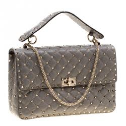 Pre Owned Valentino Perla Quilted Crackle Leather Rockstud Spike Chain Shoulder Bag