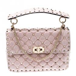 Pre Owned Valentino Water Rose Quilted Coated Fabric Medium Rockstud Spike Chain Shoulder Bag