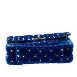 Pre Owned Valentino Acid Bluette Quilted Velvet Rockstud Spike Chain Shoulder Bag