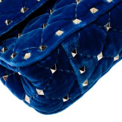 Pre Owned Valentino Acid Bluette Quilted Velvet Rockstud Spike Chain Shoulder Bag