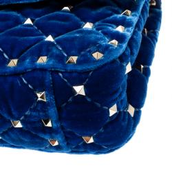 Pre Owned Valentino Acid Bluette Quilted Velvet Rockstud Spike Chain Shoulder Bag