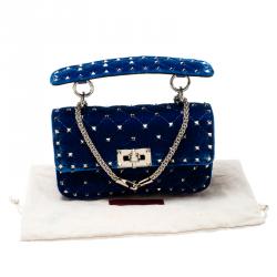 Pre Owned Valentino Acid Bluette Quilted Velvet Rockstud Spike Chain Shoulder Bag