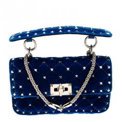 Pre Owned Valentino Acid Bluette Quilted Velvet Rockstud Spike Chain Shoulder Bag