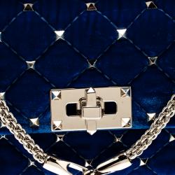 Pre Owned Valentino Acid Bluette Quilted Velvet Rockstud Spike Chain Shoulder Bag