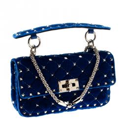 Pre Owned Valentino Acid Bluette Quilted Velvet Rockstud Spike Chain Shoulder Bag