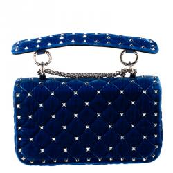 Pre Owned Valentino Acid Bluette Quilted Velvet Rockstud Spike Chain Shoulder Bag