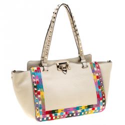 Pre Owned Valentino Al Campione/LightIvory Leather Rockstud Embroidered Tote