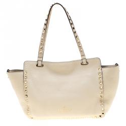 Pre Owned Valentino Al Campione/LightIvory Leather Rockstud Embroidered Tote