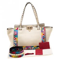 Pre Owned Valentino Al Campione/LightIvory Leather Rockstud Embroidered Tote